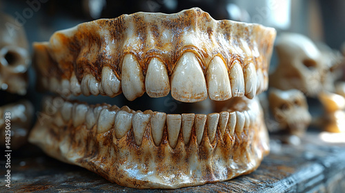 Aged, decaying, artificial teeth, dental model, close up, antique, exhibit,  medical, science, education,  human, jaw, teeth,  gums,  teeth model, 