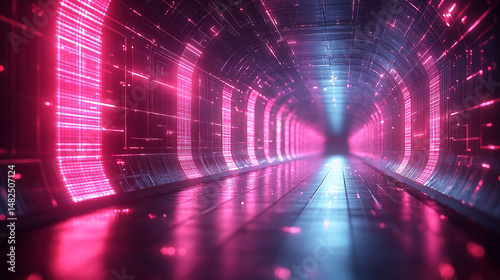 Futuristic tunnel with vibrant neon light and digital lines.