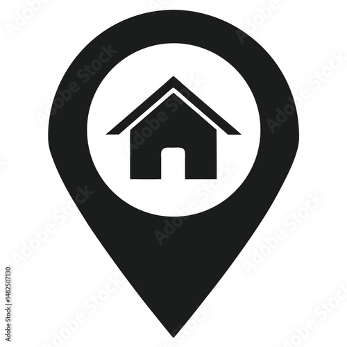 Black house icon inside location pin representing real estate and property
