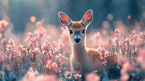 Adorable fawn surrounded by pink flowers in a natural spring setting.