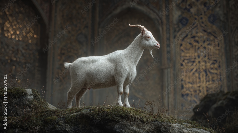 Fototapeta premium White goat stands on ancient stone formations.