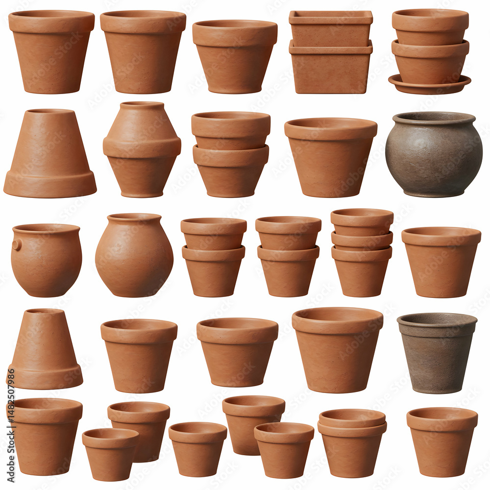 A collection of various terracotta pots arranged on a white background in a studio setting view A collection of various terracotta pots arranged on a white background in a studio setting view