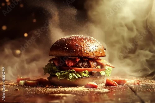 Juicy burger with bacon, tomato, lettuce, and smoke