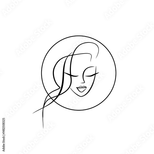 young woman face - vector logo in circle for beauty salon or hairdresser in minimalism flat style. silhouette lush hairstyle, eyelashes and lips for cosmetology.