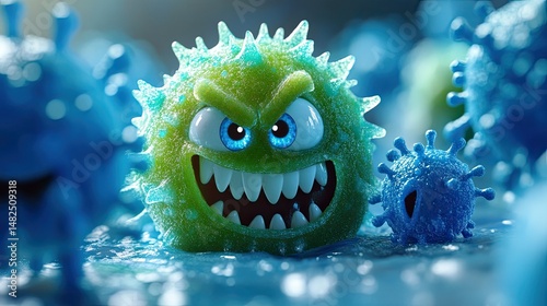 3D cartoon of a joyful green sugar ball with tears, surrounded by angry blue virus cells 