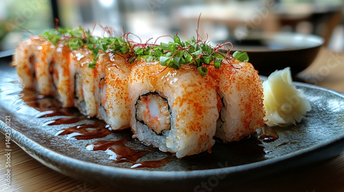 Delicious,  freshly prepared,  seafood sushi roll,  topped with  crispy  toppings,  served on a  dark gray plate..