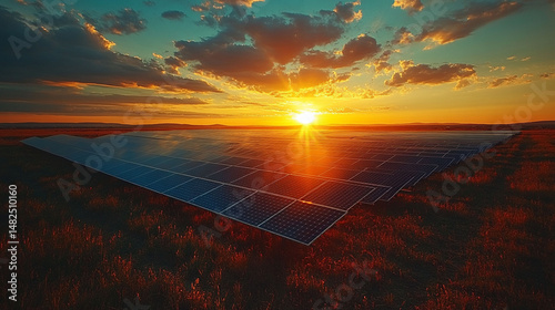 Solar panels field at sunset with dramatic sky.