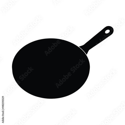 Black and white minimalist illustration of a simple frying pan for cooking
