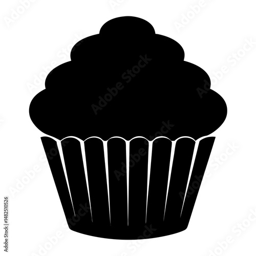 A minimalistic black silhouette of a cupcake with frosting and wrapper design