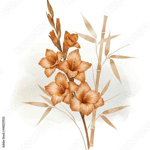 Golden Blooms: A close-up of a captivating arrangement, featuring golden blossoms gracefully interwoven with bamboo stalks, rendered in a delicate watercolor style. 