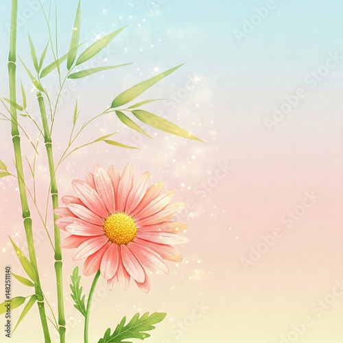 Pink Daisy and Bamboo: A delicate pink daisy blossoms alongside graceful bamboo stalks, bathed in soft, ethereal light, creating a serene and calming image.