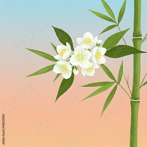 Jasmine and Bamboo Serenity: delicate, luminous jasmine blossoms nestled amidst verdant bamboo stalks, painted on a soft, gradient backdrop evoking serenity and tranquility.