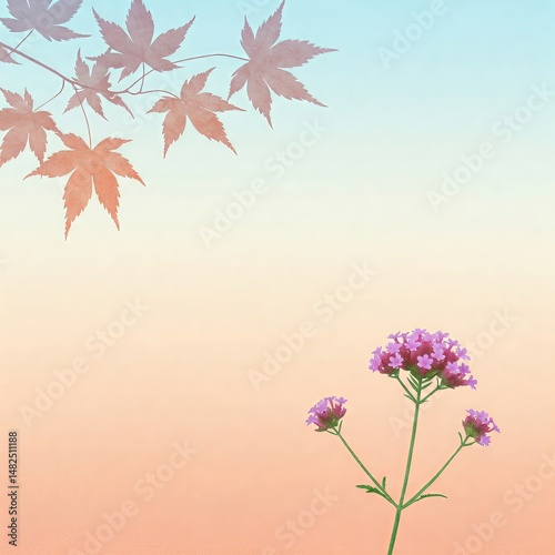 Pastel Verbena and Maple: A delicate verbena flower and the shadow of a maple leaf branch adorn a pastel gradient background, creating a serene and elegant design.