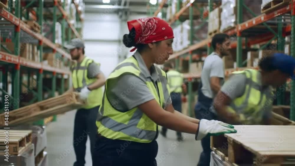 Warehouse workers are working with coworkers at warehouse. Blue collar worker and warehouse concept