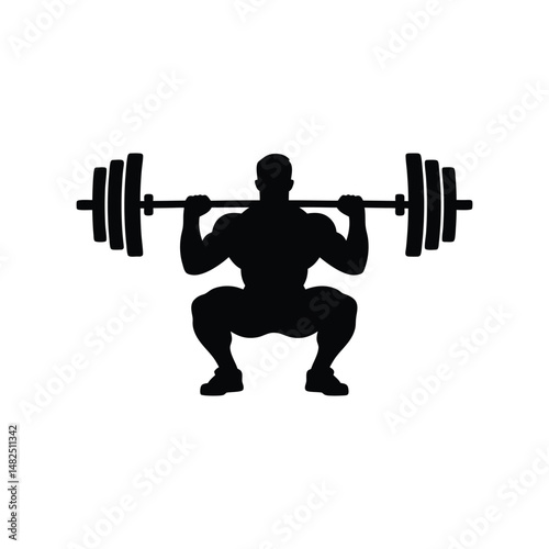 Strongman Silhouette Weightlifting, Barbell Squat for Fitness and Gym Exercise