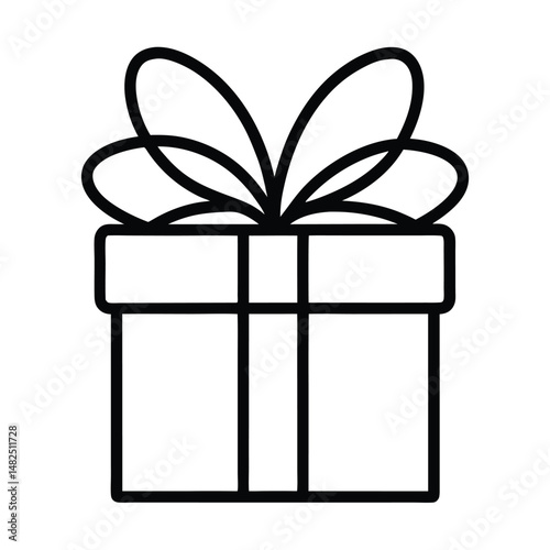 Minimalist black and white outline illustration of a gift box with elegant ribbon