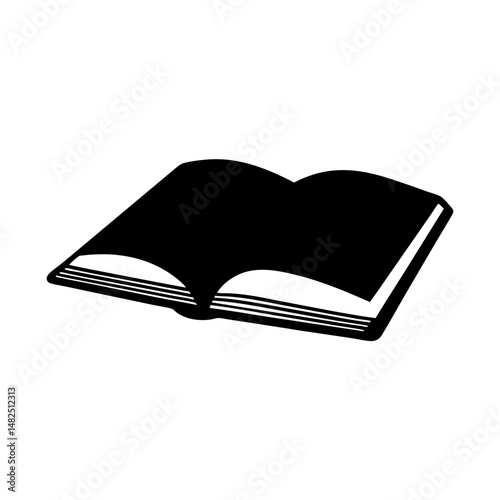 Black and white graphic illustration of an open book with pages
