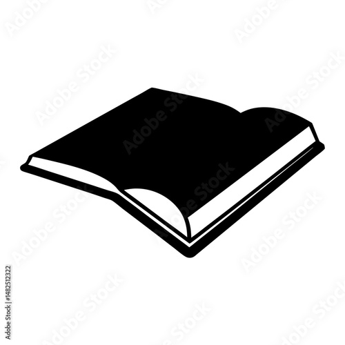 A simplistic graphic of an open book in black and white colors