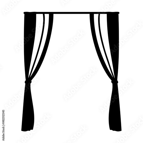 Elegant black and white silhouette illustration of curtains on a window frame