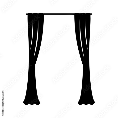 Simple black and white silhouette of curtains with a rod over opening