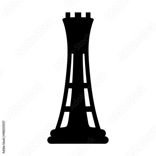 Minimalist black silhouette of a rook chess piece on white background