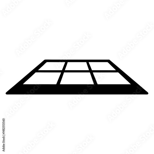 Black and white grid floor plan in perspective, showcasing a tiled surface