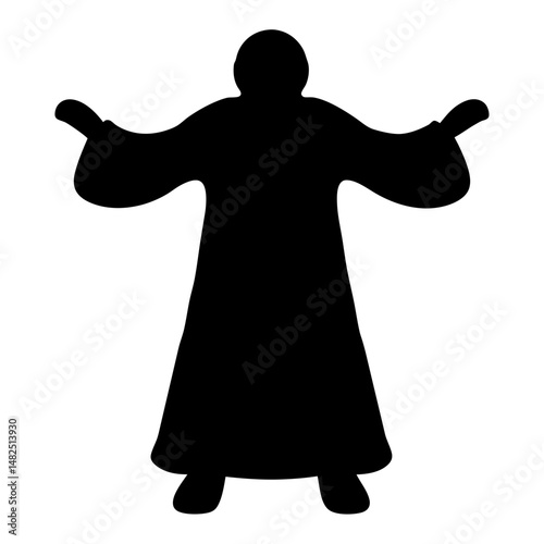 Silhouette of a figure with arms outstretched, wearing a long robe.