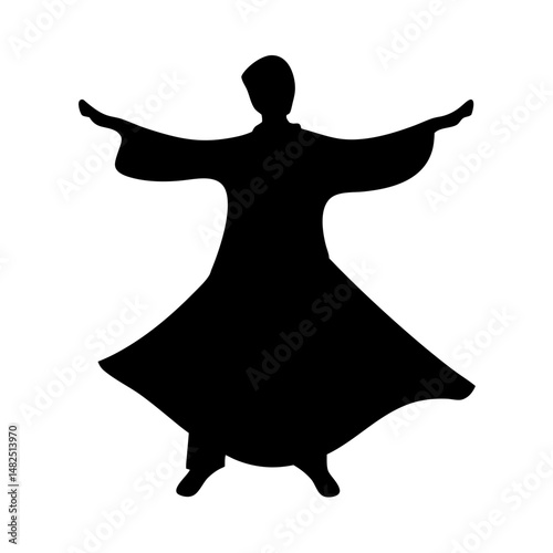 Silhouette of a whirling dervish in traditional dress, arms outstretched in dance