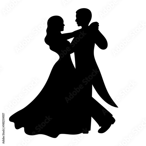 Elegant Silhouette of a Dancing Couple in Formal Attire on White Background