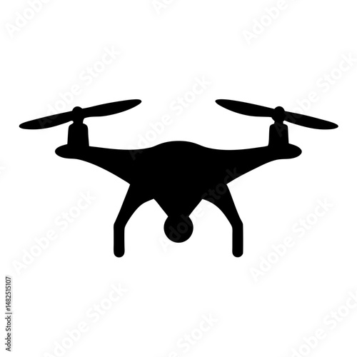 Black silhouette of a quadcopter drone with propellers on a white background