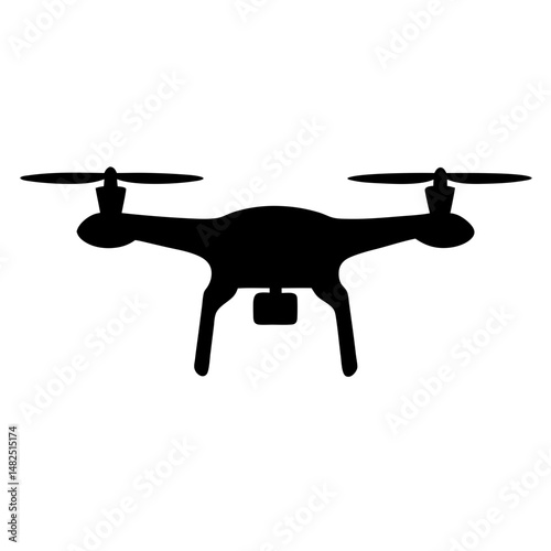 Black silhouette image of a drone, with propellers and camera underneath