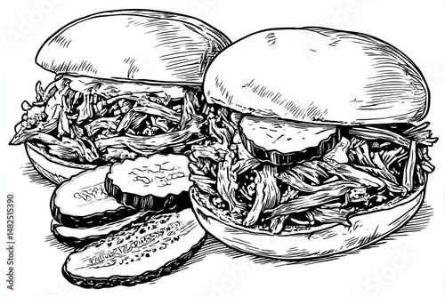 Pulled Pork Sandwich Sketch BBQ with Buns, Pickles, Hand Drawn, and Detail.