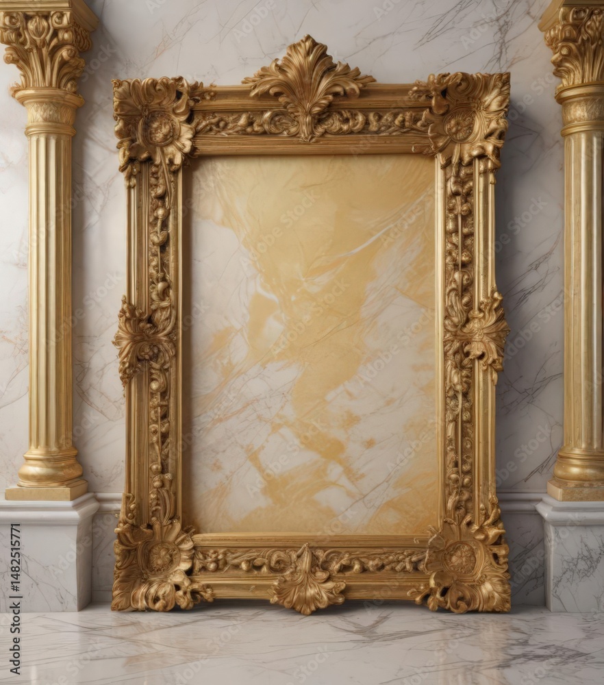 Fototapeta premium Intricately carved golden frame against marble , prestigious, vintage