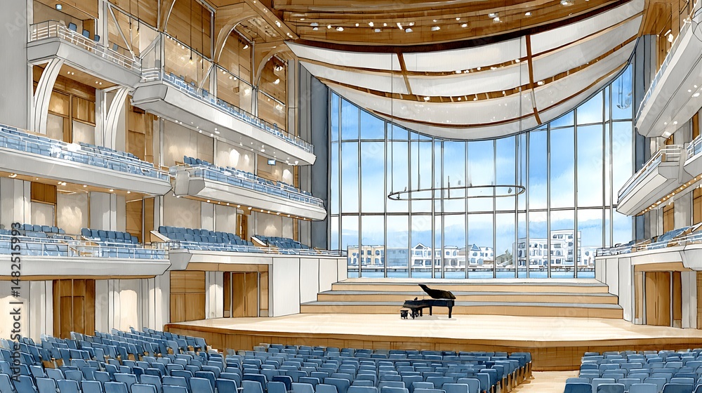 Obraz premium Elegant Concert Hall Interior with Warm Dimmable Lighting and Grand Piano Stage