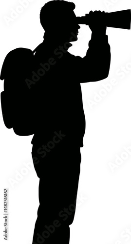 Silhouette of a Traveler with Backpack Using Binoculars for Exploration