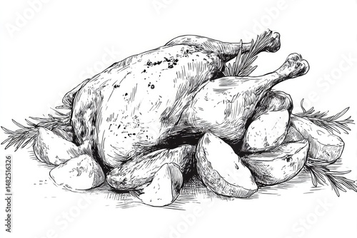 Roasted Chicken Illustration Culinary Art with Sketch Style, and White Background.