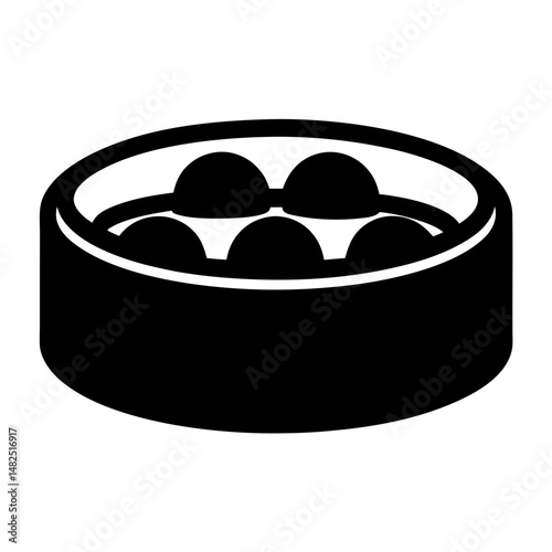 Monochrome illustration of dim sum dumplings in a bamboo steamer basket