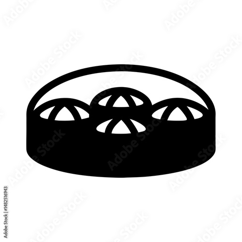 A simple black and white graphic of a basket with three objects
