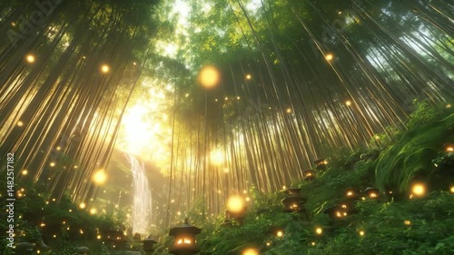 Enchanted bamboo forest aglow with lanterns