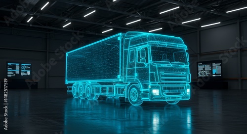 3D Hologram of a Truck in a Tech-Focused Industrial Environment