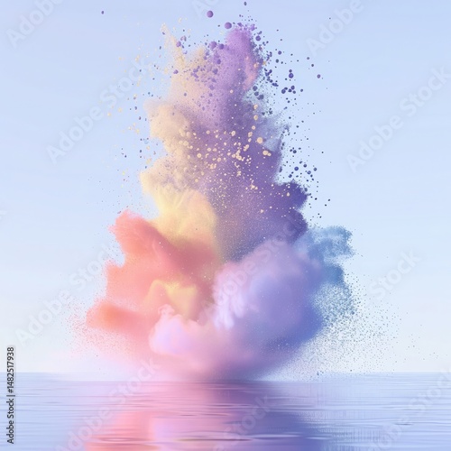 Colorful powder splash frozen in the air with vivid hues spreading across a white backdrop, creating texture.