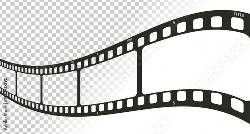 Long movie filmstrip in perspective on transparent background. Realistic film tape ribbon. Vector illustration