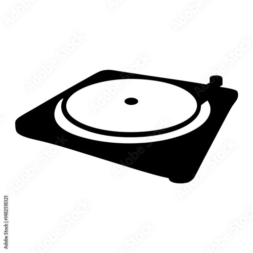 A stylized, minimalist illustration of a classic vinyl record turntable in black