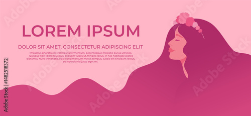 Banner with beautiful long haired woman in flower wreath. Woman with long flowing hair. Vector illustration