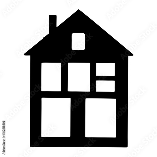 Stylized Black and White Silhouette of a TwoStory House with Windows