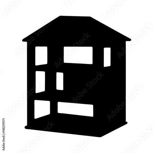Silhouette of a dollhouse or model house with multiple visible windows
