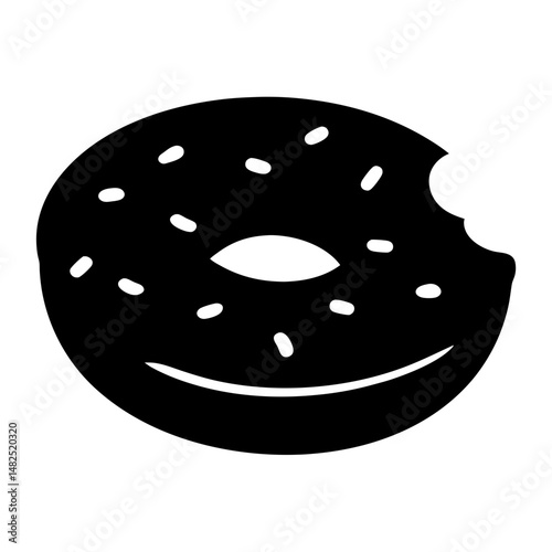 A minimalist black and white illustration of a delicious bitten donut
