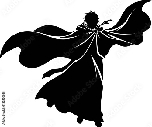 Silhouette of a Person in a Flowing Cape Dramatic Anime-Style Illustration