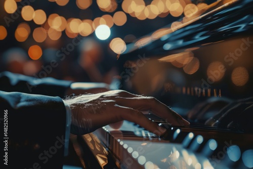 Elegant Finger Placement on Piano Keys with Blurred Background Lights