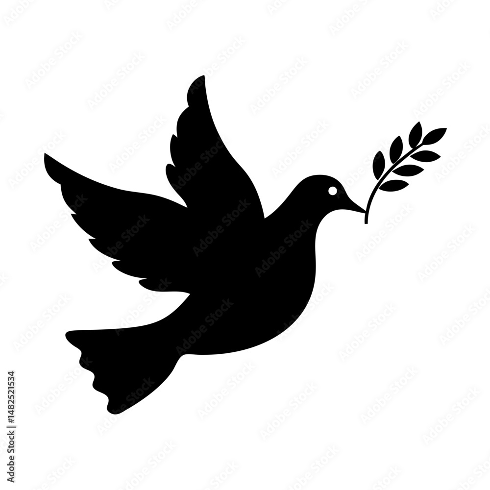 Obraz premium Flying Dove with Olive Branch Symbolizing Peace and Hope in a Simple Silhouette